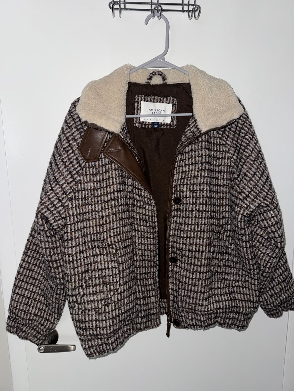 American Eagle Brown & Cream Sherpa-Lined Plaid Jacket